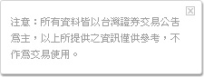 注意: 所有資料皆以台灣證券交易公告為主, 以上提供之資訊僅供參考, 不作為交易使用.